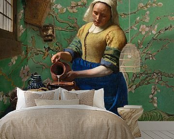 Het melkmeisje met Amandelbloesem behang (Groen) - Vincent van Gogh - Johannes Vermeer van Lia Morcus