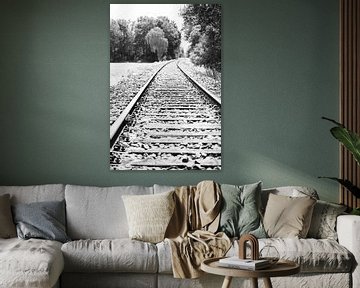 Leere Eisenbahnschienen in der Landschaft während eines heißen Sommertages in Gelderland, Niederland von Sjoerd van der Wal Fotografie