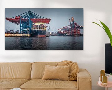 Containerschip bij de terminal met havenkranen van Jonas Weinitschke