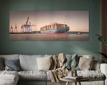 Panorama van een groot containerschip in Hamburg bij zonsopgang van Jonas Weinitschke