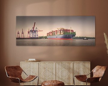 Panorama eines großen Containerschiffs in Hamburg bei Sonnenaufgang von Jonas Weinitschke