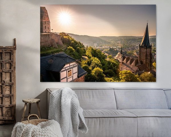 View over Marburg, the Schlossberg into the sunrise