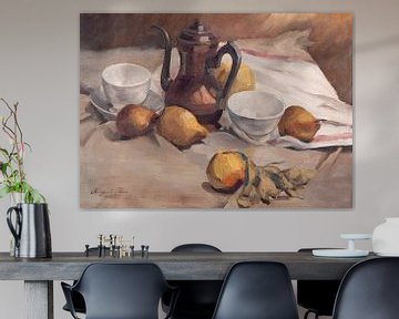 Stilleven schilderij met fruit, theepot en kopjes.