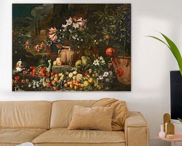 Stilleven van bloemen met vruchten, putti en dieren, Abraham Brueghel