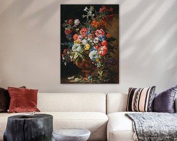 Bloemen in een decoratieve terracotta vaas op een stenen richel, Abraham Brueghel