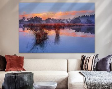 Sunrise with blue sky and dramatic clouds reflected in a lake_1 by Tony Vingerhoets