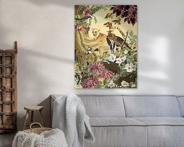 Ring tailed lemur behind birds and flowers by Jadzia Klimkiewicz