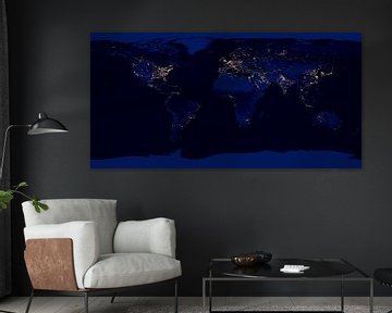 Wereldkaart in zwart, blauw en licht