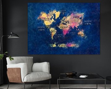 Wereldkaart blauw roze geel #kaart #wereldkaart van JBJart Justyna Jaszke