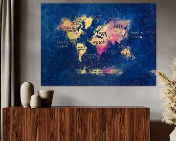 Weltkarte blau rosa gelb #Karte #Weltkarte von JBJart Justyna Jaszke