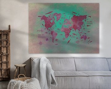 carte du monde vert rouge #map #worldmap sur JBJart Justyna Jaszke