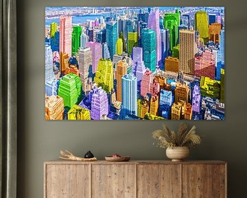 New York Manhattan Skyline mit bunten Wolkenkratzern im Pop Art Stil von Herbert Blum