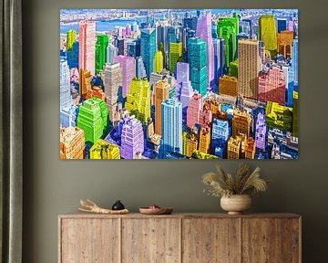 New York Manhattan skyline met kleurrijke wolkenkrabbers in pop art stijl van Herbert Blum