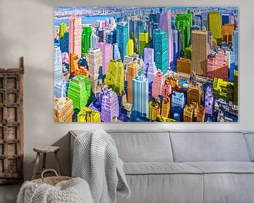 New York Manhattan skyline met kleurrijke wolkenkrabbers in pop art stijl van Herbert Blum