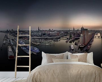 Groot panorama van de Elbphilharmonie en de Hafencity bij zonsopgang van Jonas Weinitschke