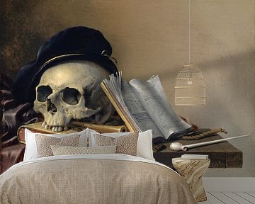 Stillleben mit Totenkopf, Büchern, Flöte und Pfeife, Harmen Steenwyck