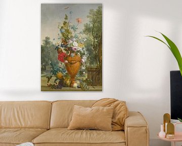 Eine Vase mit Pfingstrosen, Chrysanthemen und einer Nelke mit exotischen Früchten in einem Garten, J