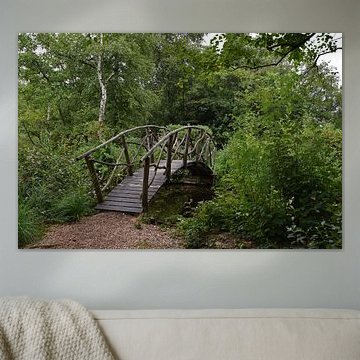 Märchenhafte Holzbrücke über einen kleinen Bach in einem Naturschutzgebiet