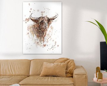 Abstract and contemporary artwork of a Scottish highlander. Watercolor and ink on white canvas by Emiel de Lange