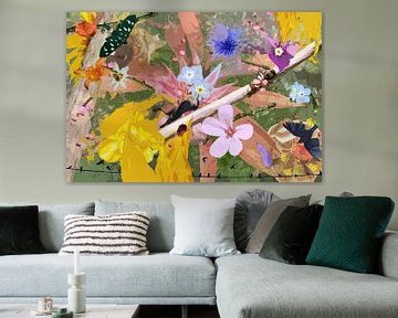 Still life with flowers and animals near a branch