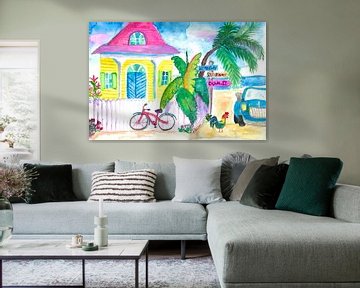 Yellow Conch House Tropical Street Scene With Bike and Rooster von Markus Bleichner