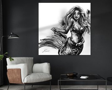 Olieverf schilderij van een zeemeermin. Kunstwerk in zwart wit en grijs tinten. van Emiel de Lange