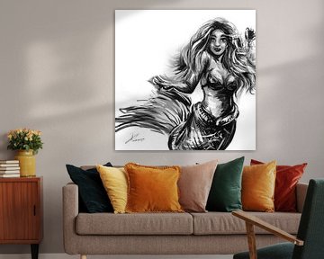 Olieverf schilderij van een zeemeermin. Kunstwerk in zwart wit en grijs tinten. van Emiel de Lange