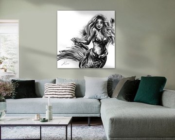 Ölgemälde einer Meerjungfrau. Artwork in Schwarz-Weiß und Grautönen. von Emiel de Lange