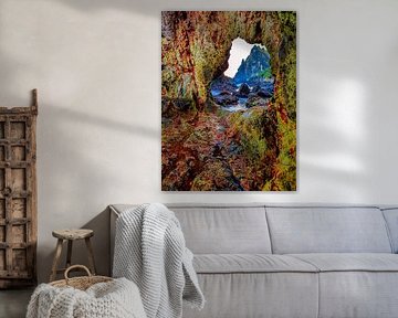 Digitaal schilderij van een natuurlijke rots met gat.