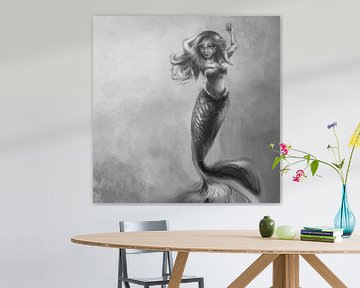 Artwork of sturdy mermaid. Black and white painting on high resolution.Oil painting style in shades  by Emiel de Lange