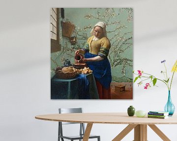 The milkmaid with almond blossom wallpaper (moss green) - Vincent van Gogh - Johannes Vermeer by Lia Morcus