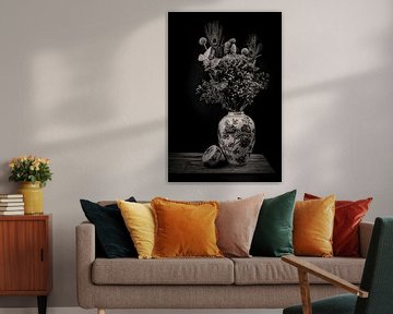Moderne Stillleben Blumen in einer Vase schwarz und weiß