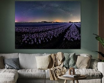 Milchstraßen-Panorama über Blumenfeldern. von Corné Ouwehand