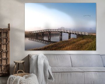 Bridge with fog and geese by Inge van den Brande