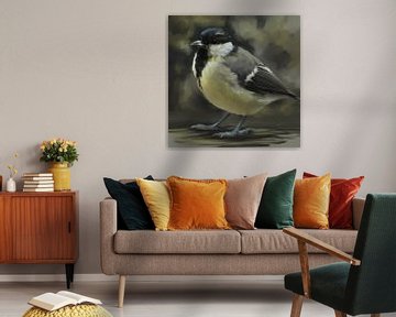 Parmesan Kohlmeise.  Hintergrund in Gelbgrün- und Grautönen. Schönes Gemälde eines kleinen Vogels in von Emiel de Lange