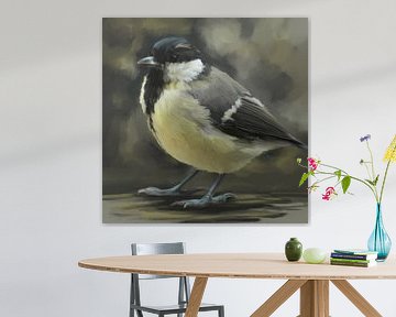 Parmesan great tit.  Background in shades of yellow green and grey. Nice painting of a small bird in by Emiel de Lange