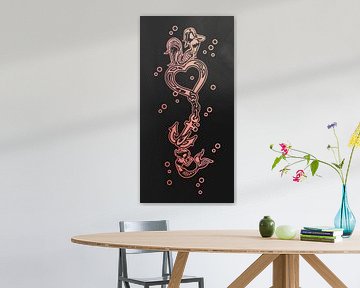 Long vertical artwork with two mermaids a heart and a necklace by Emiel de Lange
