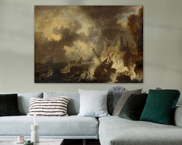 Sturm mit Schiffswrack vor einer Küstenfestung, Peter van de Velde