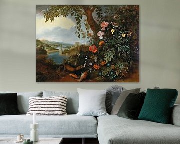 Un paysage avec des fleurs et un piège à martres et à oiseaux, Matthias Withoos