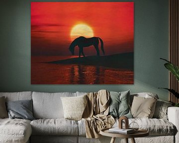 Paard drinkt bij zonsondergang van Jan Keteleer