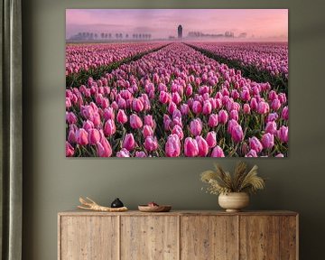 Roze tulpenveld op een mistige ochtend van Sander Groenendijk