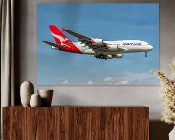 Landende Qantas Airbus A380 passagiersvliegtuig.