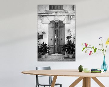 Old wooden door with plants and flowerpots in Mallorca by Evelien Oerlemans