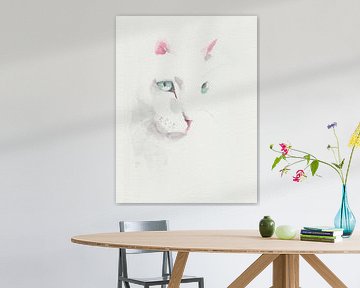 Handgeschilderde aquarel met witte kat. Minimalistische stijl. van Yvette Stevens