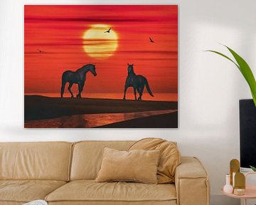 Twee paarden en een zonsondergang van Jan Keteleer