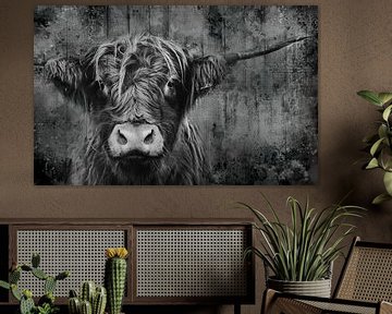 Portret van Schotse hooglander koe in zwart wit bewerkt van KB Design & Photography (Karen Brouwer)