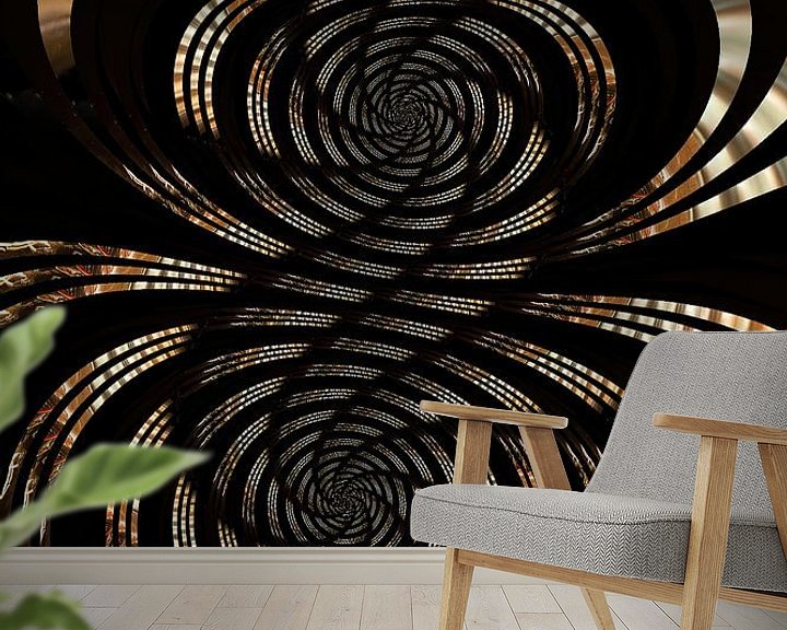 Sfeerimpressie behang: spiralen van goud en zwart van Klaartje Majoor