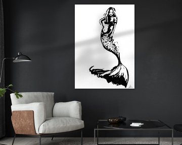 Digitaal artwork - Zwart wit poster van een zeemeermin van Emiel de Lange
