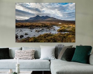 Mountain peaks Sgùrr nan Gillean with cottage and stream in foreground on Isle of Skye by Annette Schoof