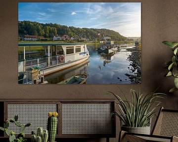 Fähre über den Fluss Elbe mit Niedrigwasser wegen Trockenheit bei Wehlen im Elbsansteingebirge von Heiko Kueverling